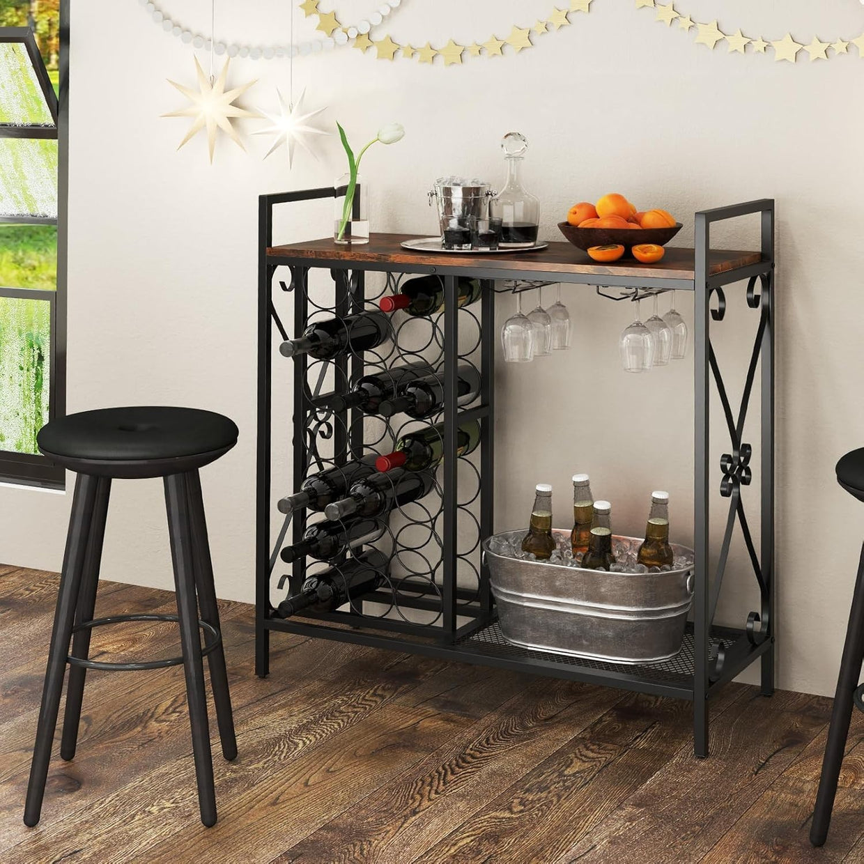 Freestanding Wine Rack Bar Cabinet w/ Glass Holders & Storage Shelf Rustic Brown - Kwikley