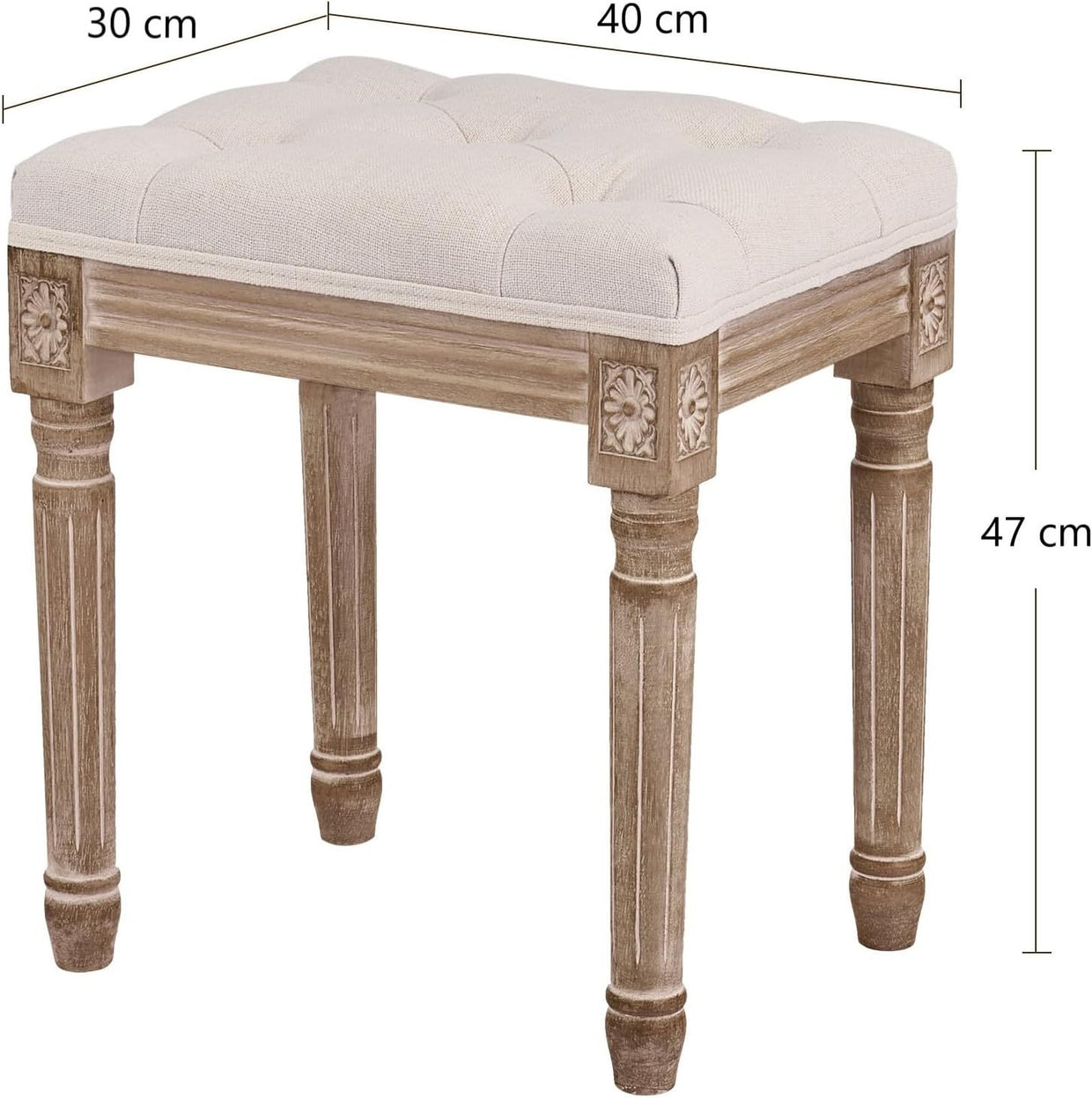 French Vintage Upholstered Stool 47cm Padded Seat Footstool Vanity Bench Beige - Kwikley