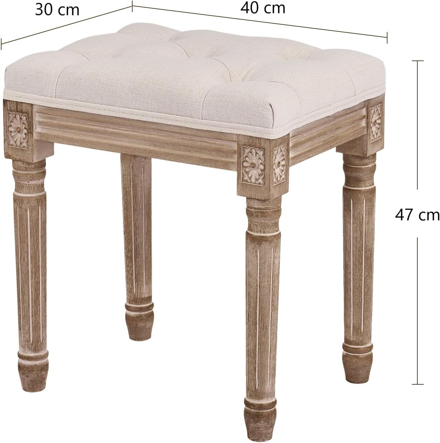 French Vintage Upholstered Stool 47cm Padded Seat Footstool Vanity Bench Beige - Kwikley