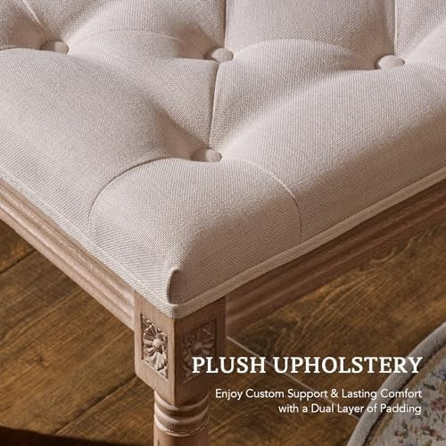 French Vintage Upholstered Stool 47cm Padded Seat Footstool Vanity Bench Beige - Kwikley