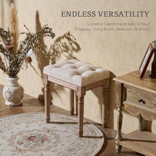 French Vintage Upholstered Stool 47cm Padded Seat Footstool Vanity Bench Beige - Kwikley