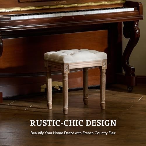 French Vintage Upholstered Stool 47cm Padded Seat Footstool Vanity Bench Beige - Kwikley