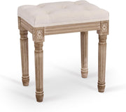 French Vintage Upholstered Stool 47cm Padded Seat Footstool Vanity Bench Beige - Kwikley