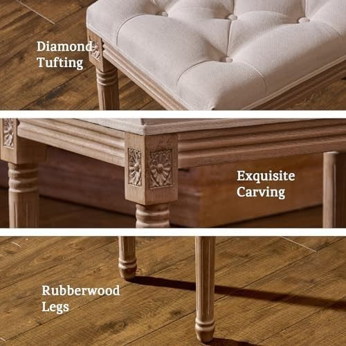 French Vintage Upholstered Stool 47cm Padded Seat Footstool Vanity Bench Beige - Kwikley