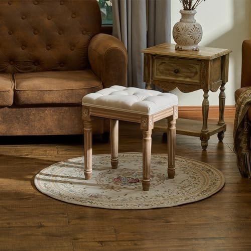 French Vintage Upholstered Stool 47cm Padded Seat Footstool Vanity Bench Beige - Kwikley