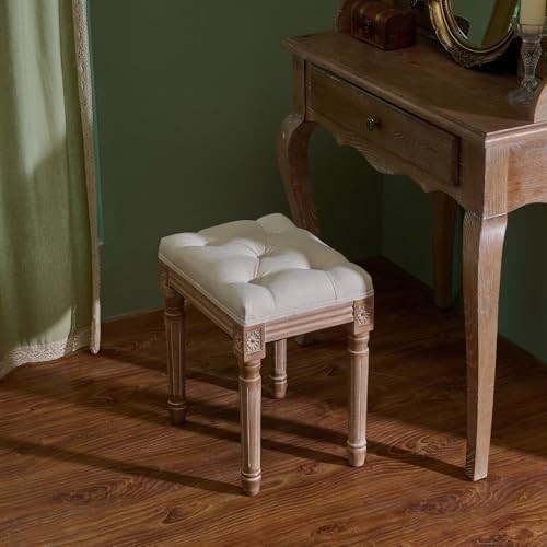 French Vintage Upholstered Stool 47cm Padded Seat Footstool Vanity Bench Beige - Kwikley