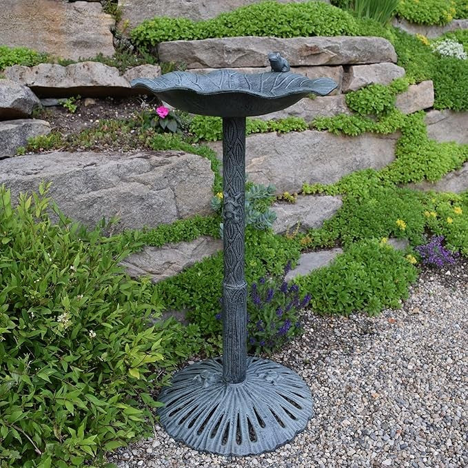 Frog Bird Bath Verdi Grey – Cast Aluminium Garden Ornament Outdoor Décor - Kwikley