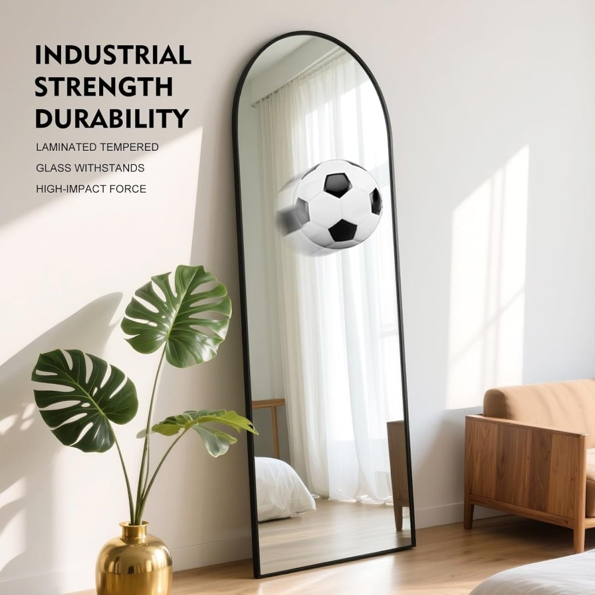 Full Length Arch Mirror 163x53cm Black Frame Tempered Glass Free Standing - Kwikley