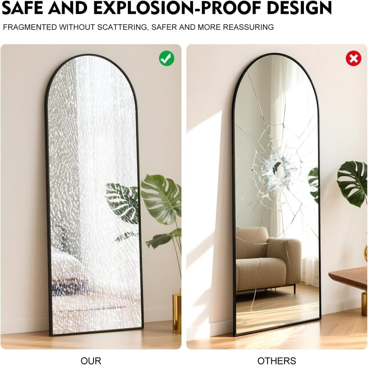 Full Length Arch Mirror 163x53cm Black Frame Tempered Glass Free Standing - Kwikley