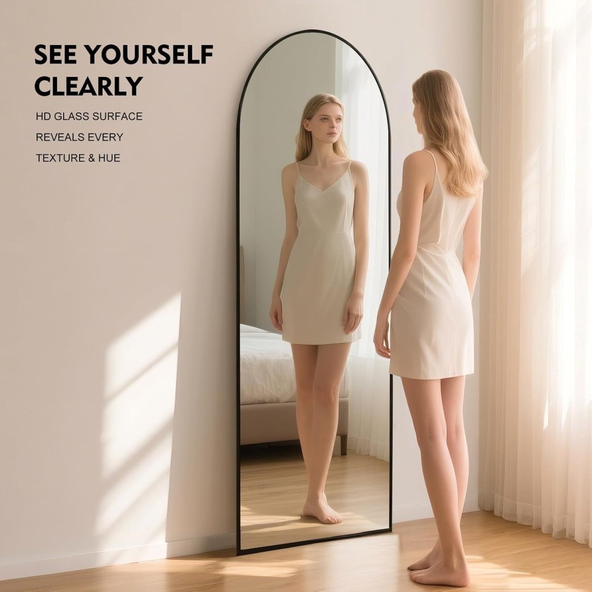 Full Length Arch Mirror 163x53cm Black Frame Tempered Glass Free Standing - Kwikley