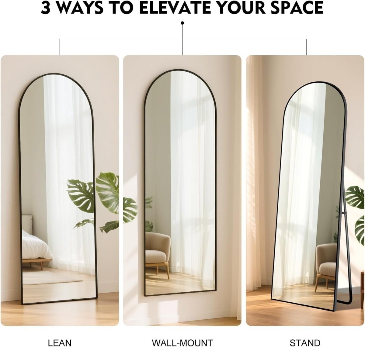 Full Length Arch Mirror 163x53cm Black Frame Tempered Glass Free Standing - Kwikley