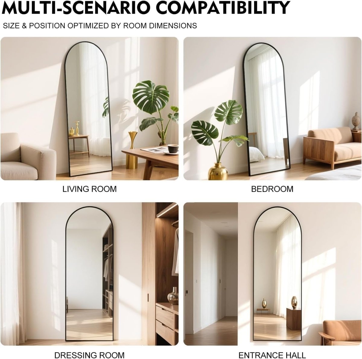 Full Length Arch Mirror 163x53cm Black Frame Tempered Glass Free Standing - Kwikley