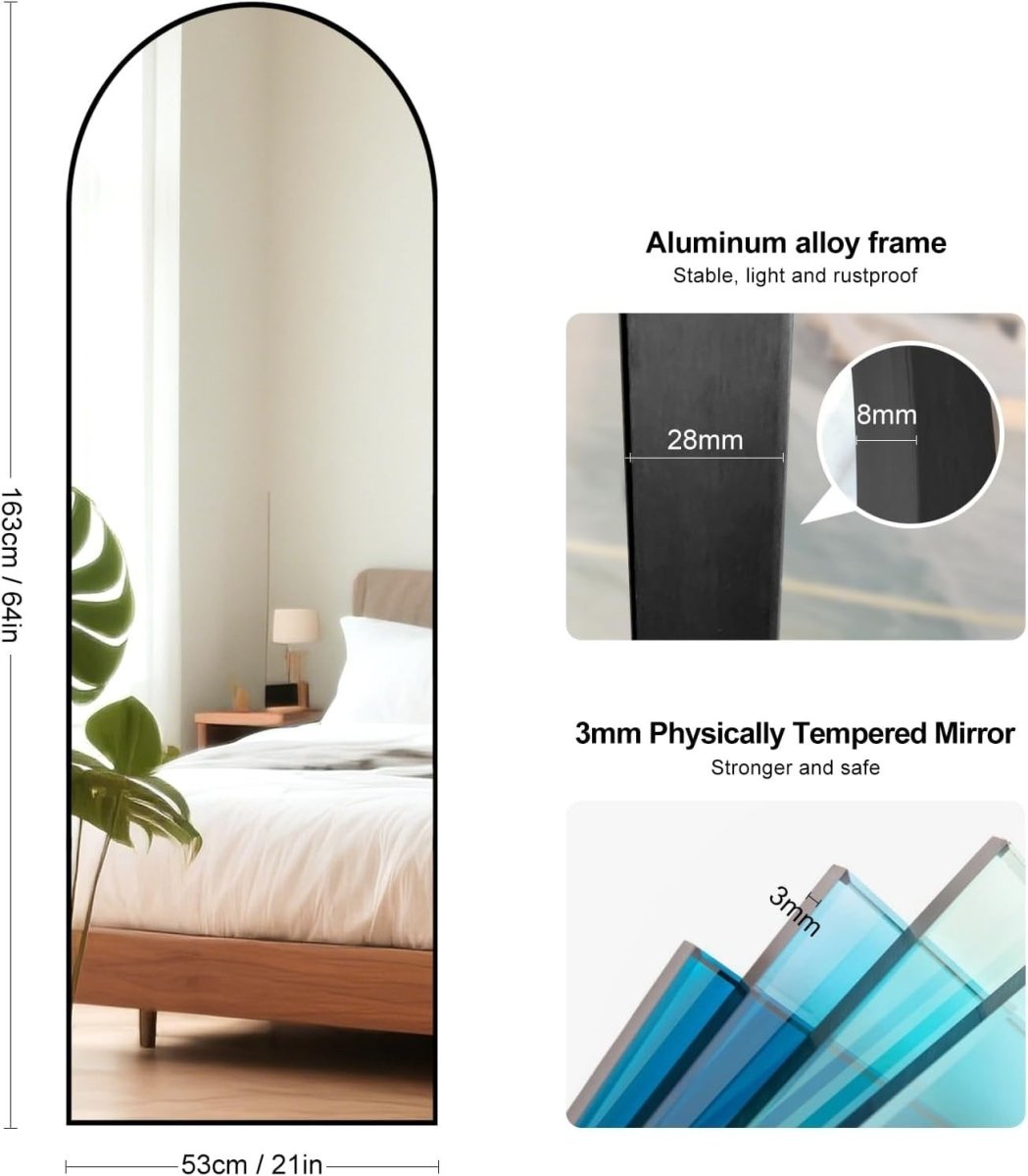 Full Length Arch Mirror 163x53cm Black Frame Tempered Glass Free Standing - Kwikley