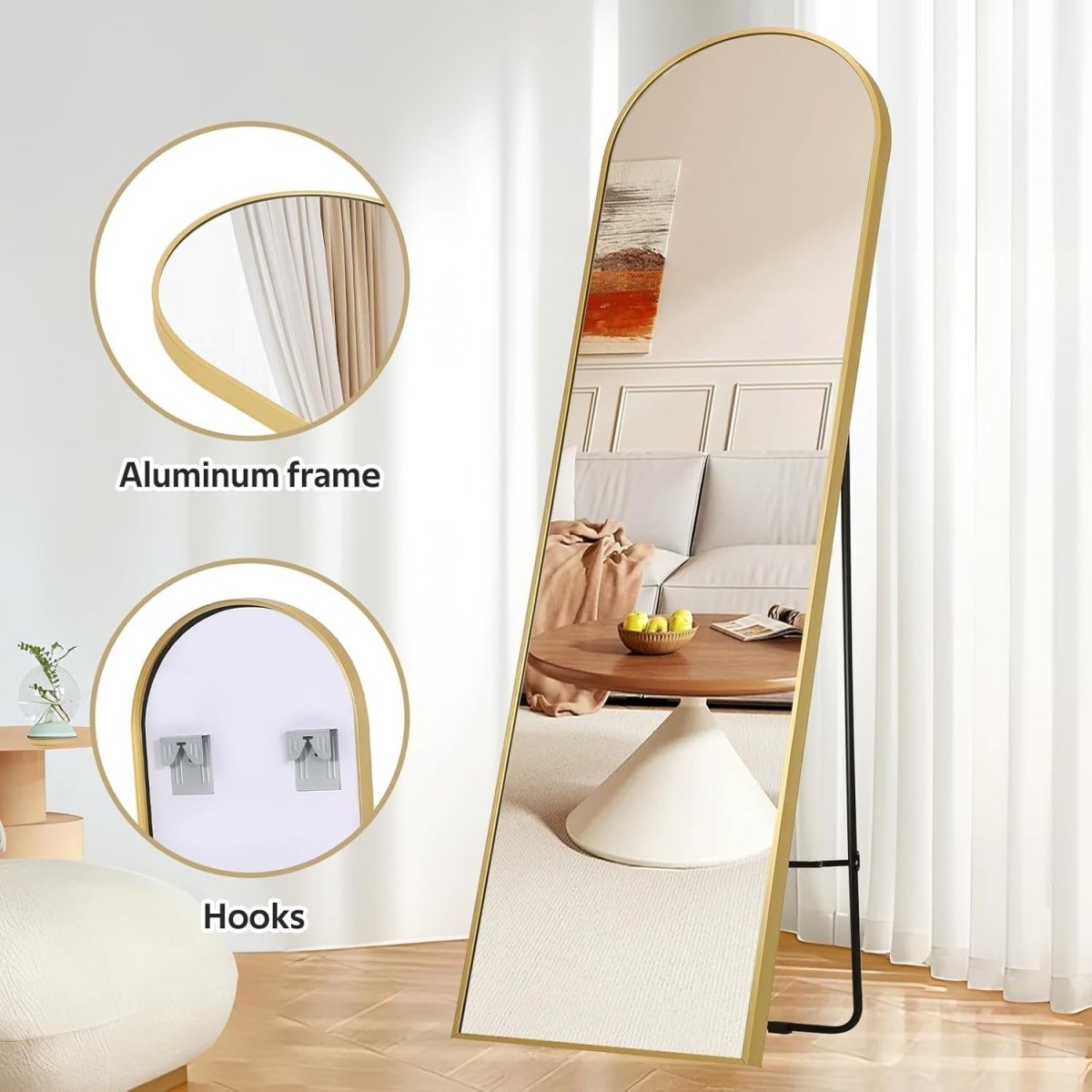 Full Length Arched Floor Mirror 150x47cm with Stand, Lightweight & Stylish - Kwikley