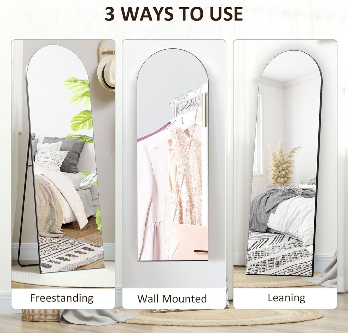 Full Length Arched Frameless Wall Mirror 50x150cm Leaning Free Standing Black - Kwikley
