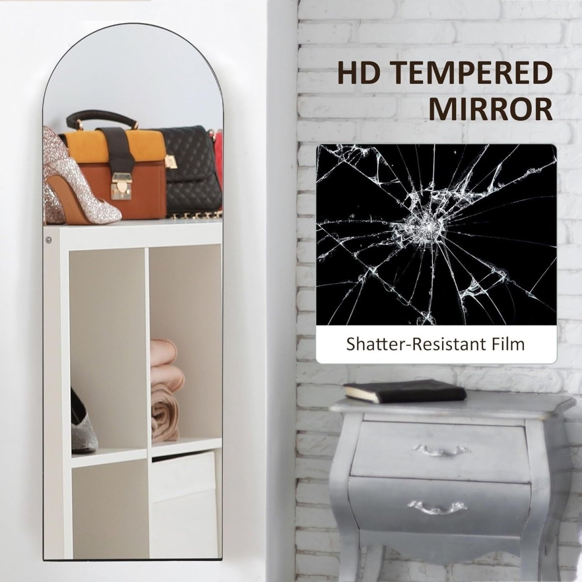 Full Length Arched Frameless Wall Mirror 50x150cm Leaning Free Standing Black - Kwikley