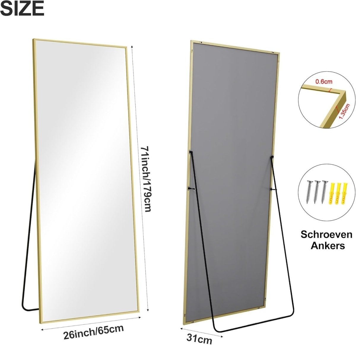 Full Length Gold Mirror 179x65cm Aluminium Frame Standing Wall Mount - Kwikley
