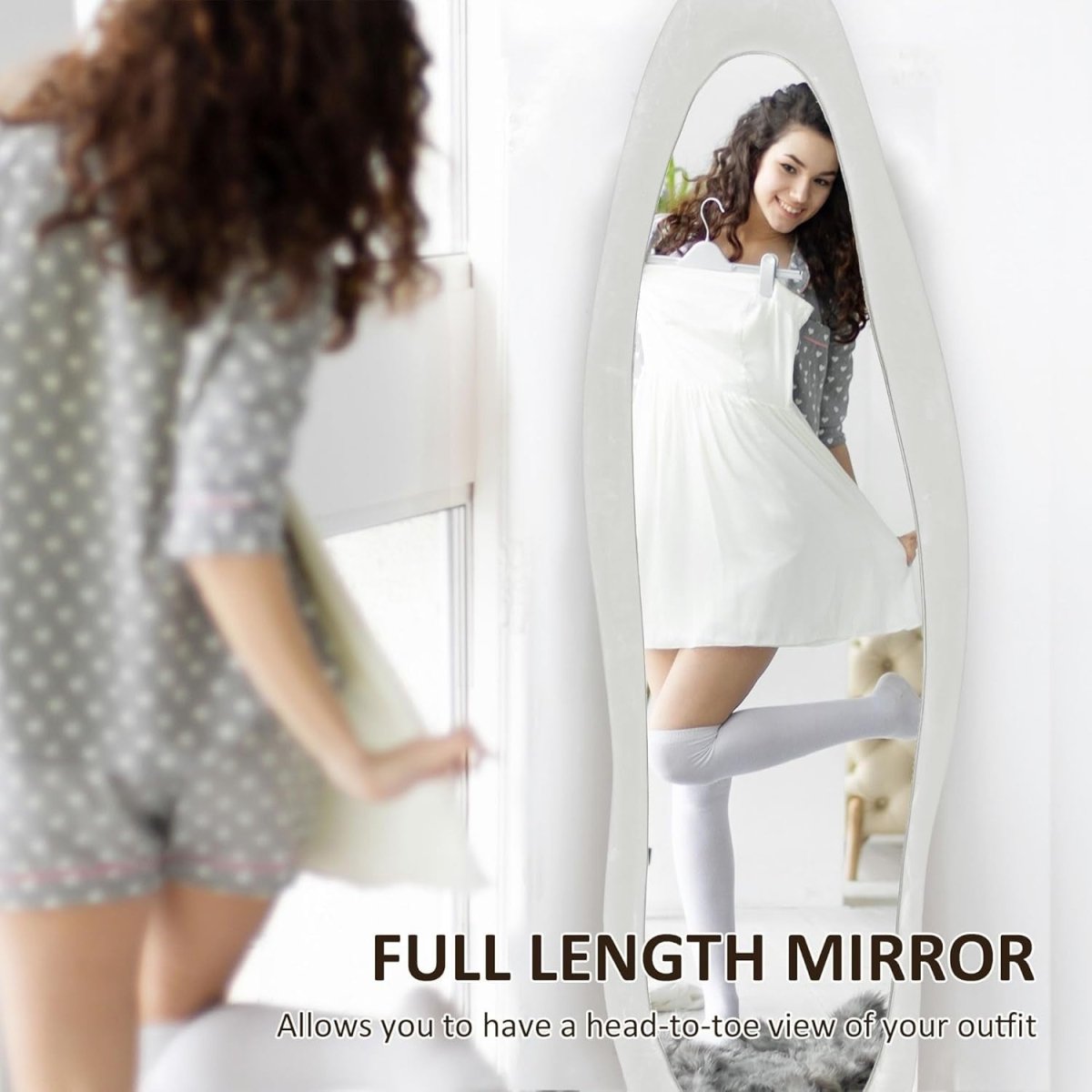 Full - Length Irregular Wavy Floor Mirror 160x50cm Velvet Frame White - Kwikley