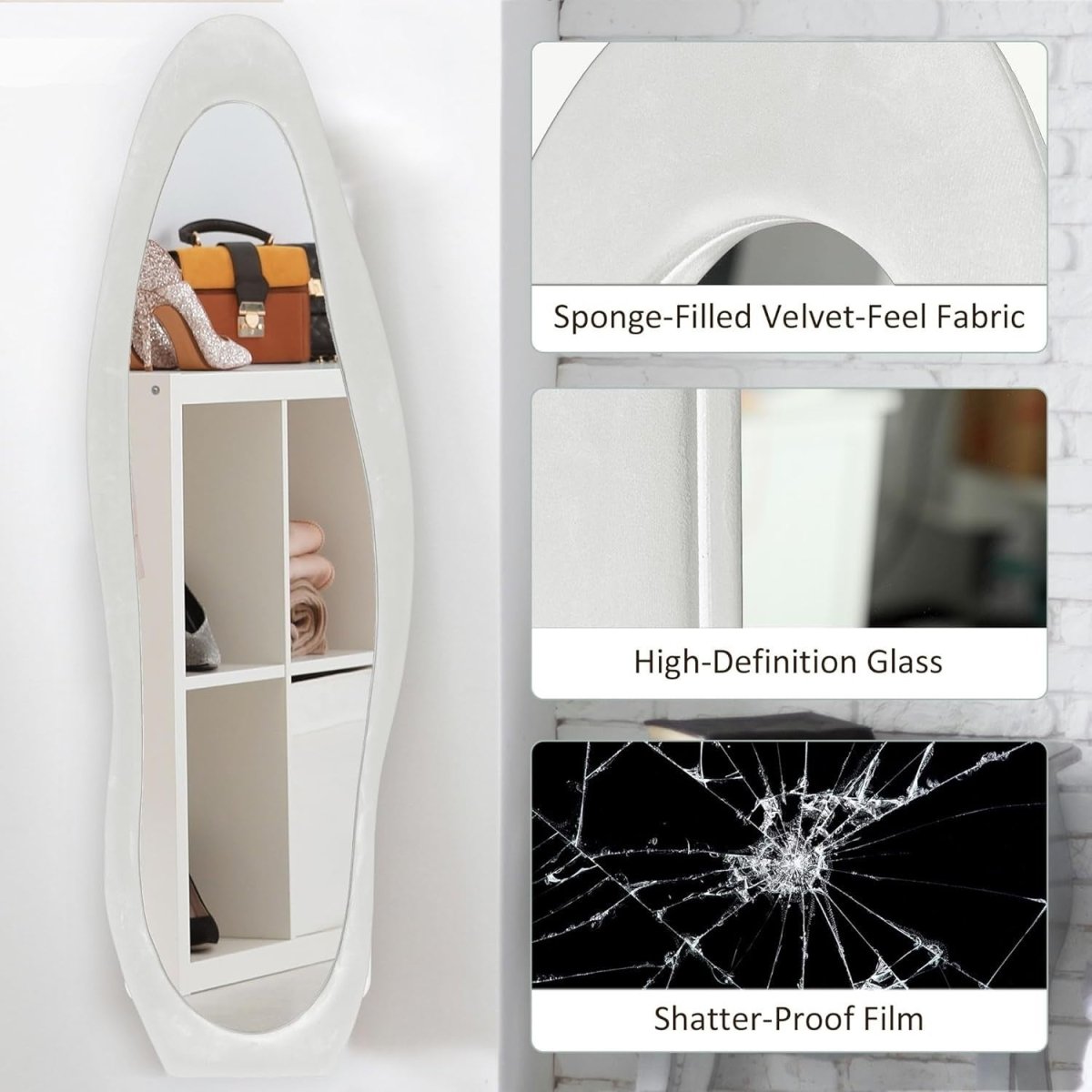 Full - Length Irregular Wavy Floor Mirror 160x50cm Velvet Frame White - Kwikley