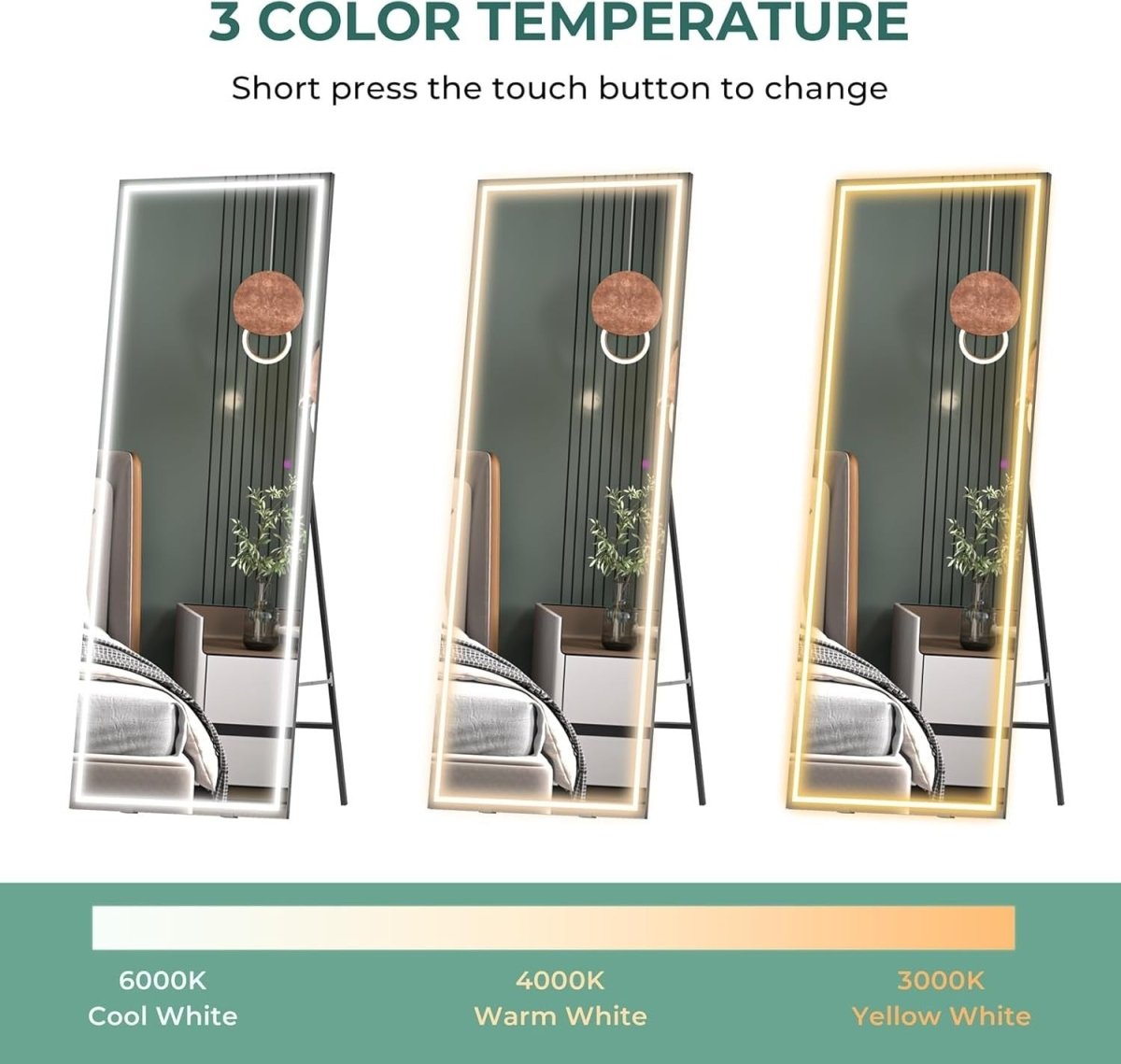 Full Length LED Mirror 160x50cm Wall Mount Touch Dimming Black Frame - Kwikley
