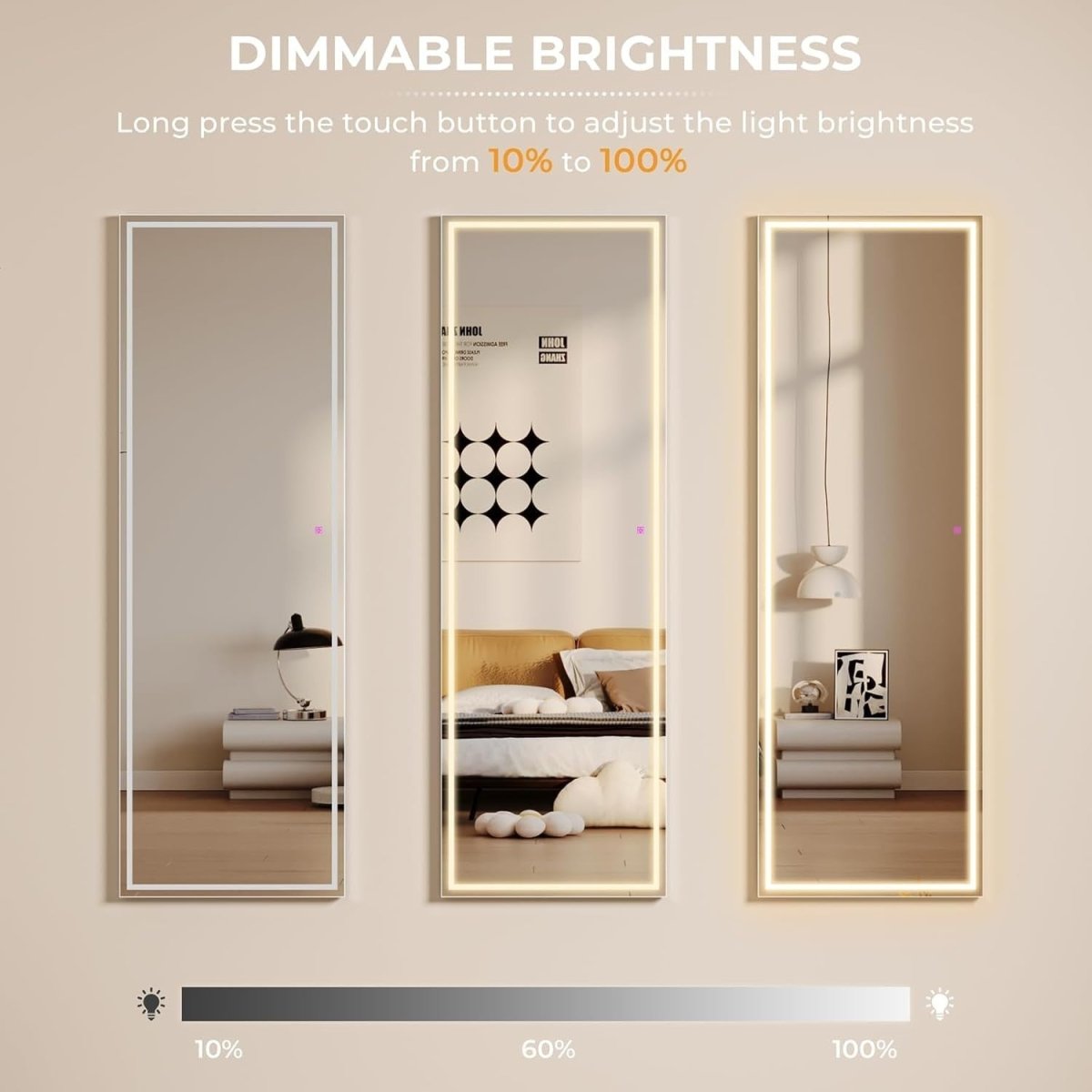 Full Length LED Mirror 160x50cm Wall Mount Touch Dimming Black Frame - Kwikley