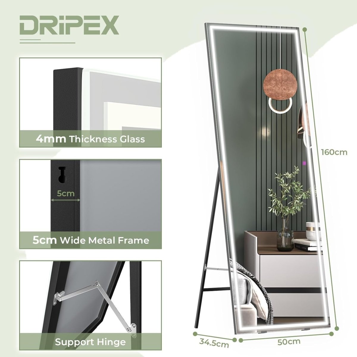 Full Length LED Mirror 160x50cm Wall Mount Touch Dimming Black Frame - Kwikley