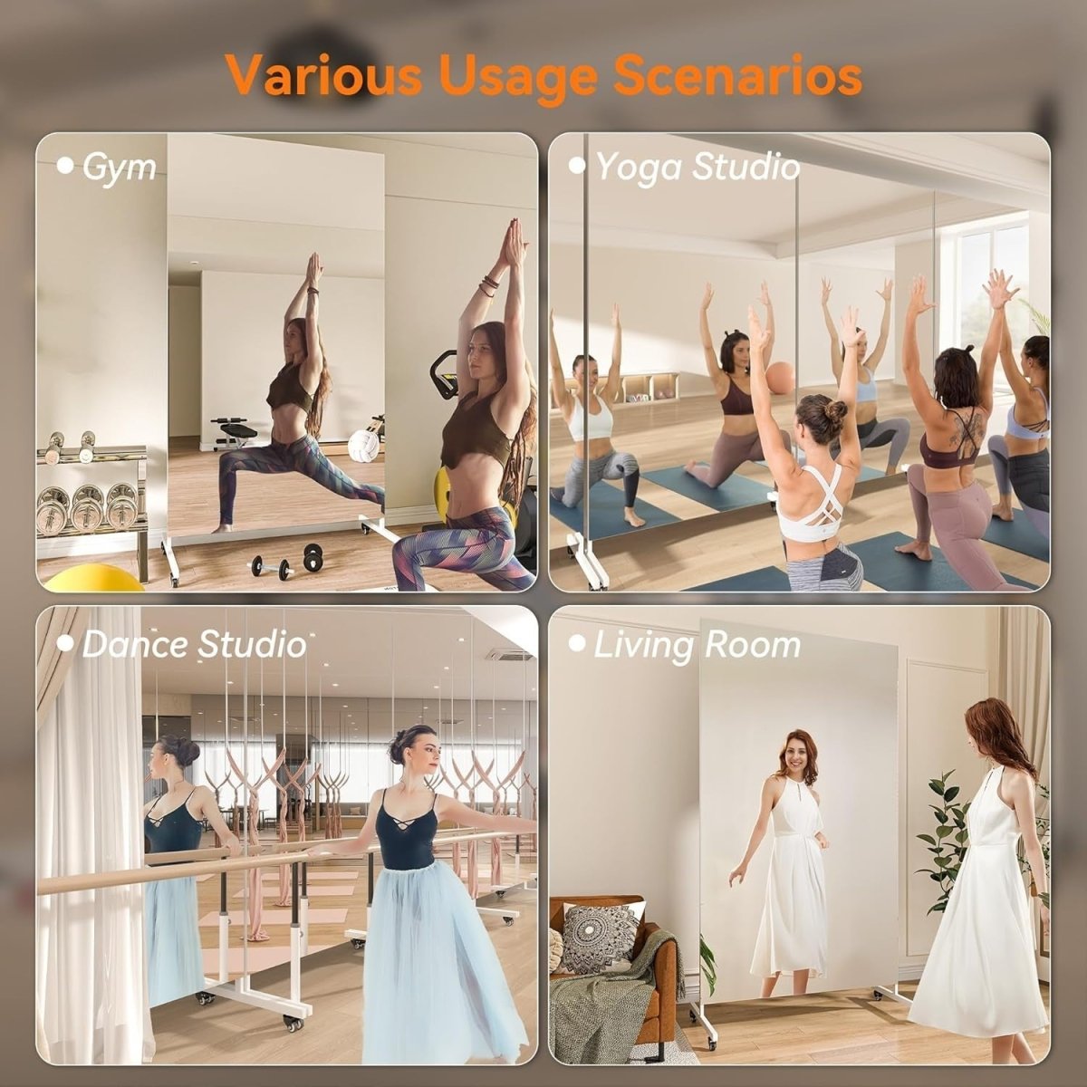 Full Length Rolling Mirror 200x100cm Tempered Glass Gym Studio Home - Kwikley