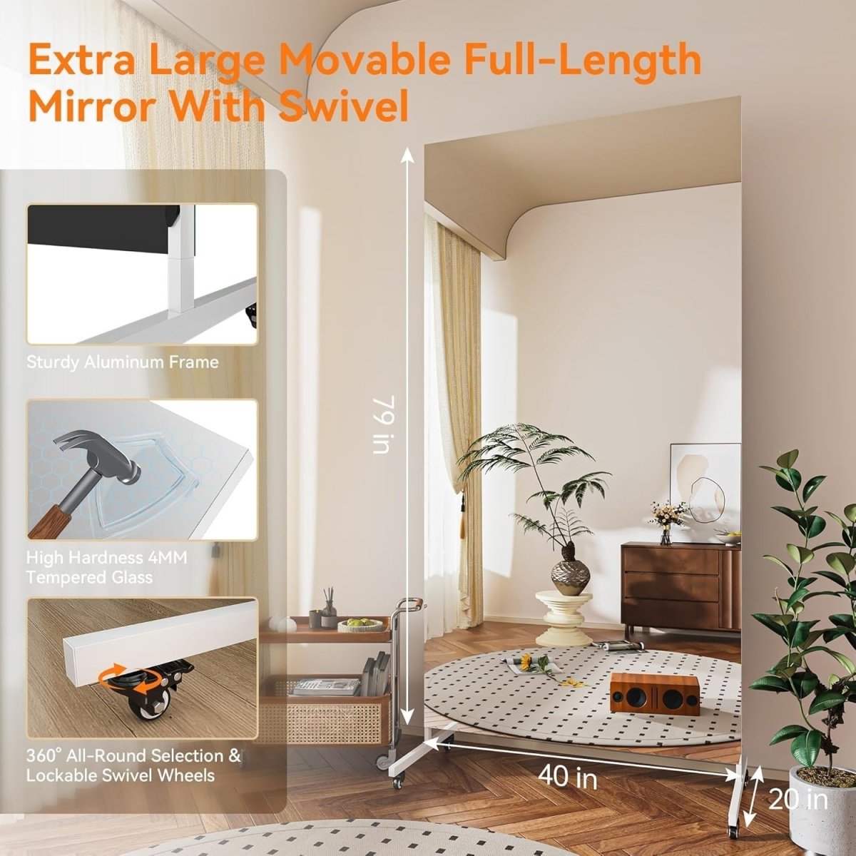 Full Length Rolling Mirror 200x100cm Tempered Glass Gym Studio Home - Kwikley