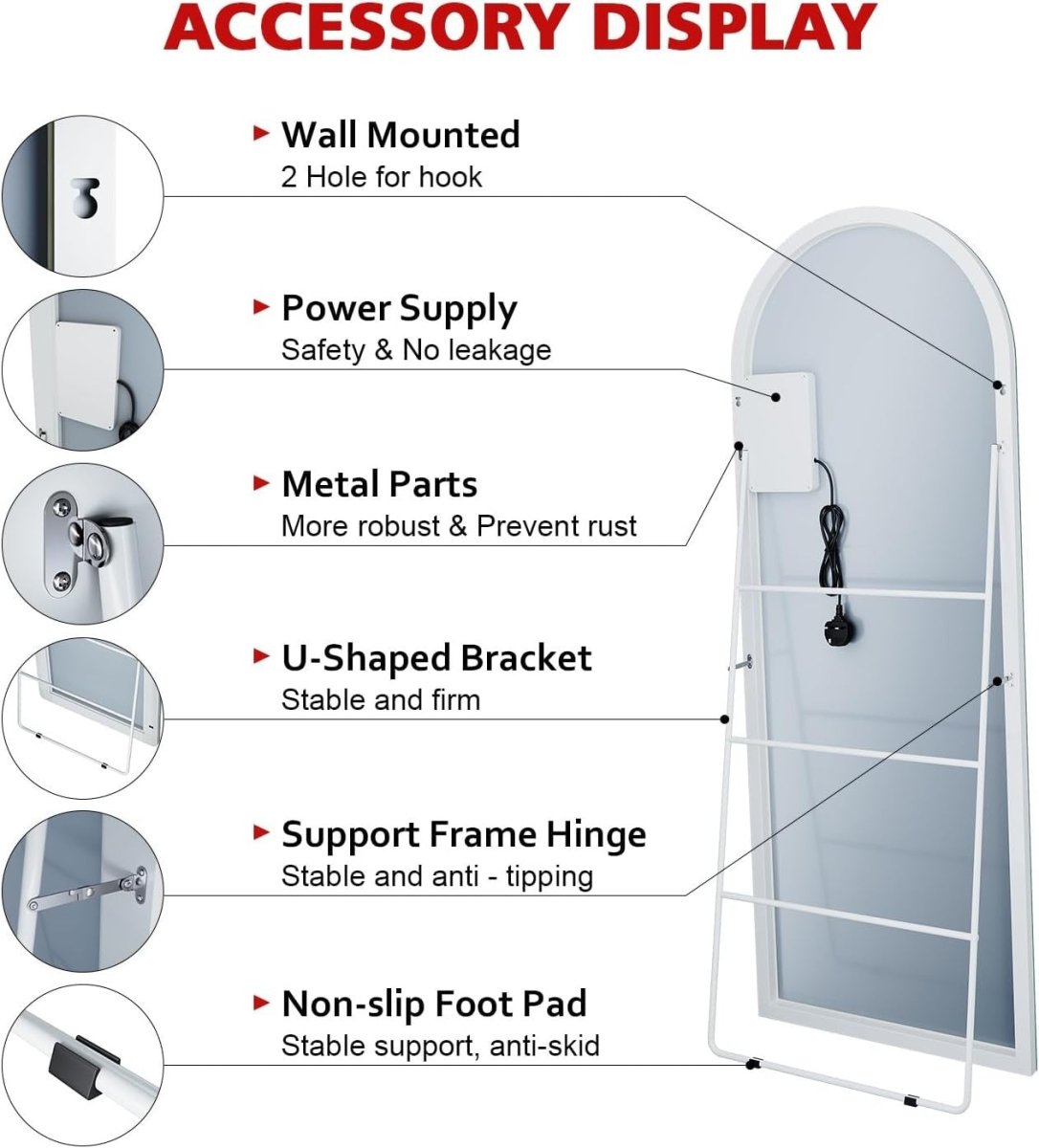 Full Length Standing Mirror with Adjustable Lights, 160x60cm, Dimmable - Kwikley