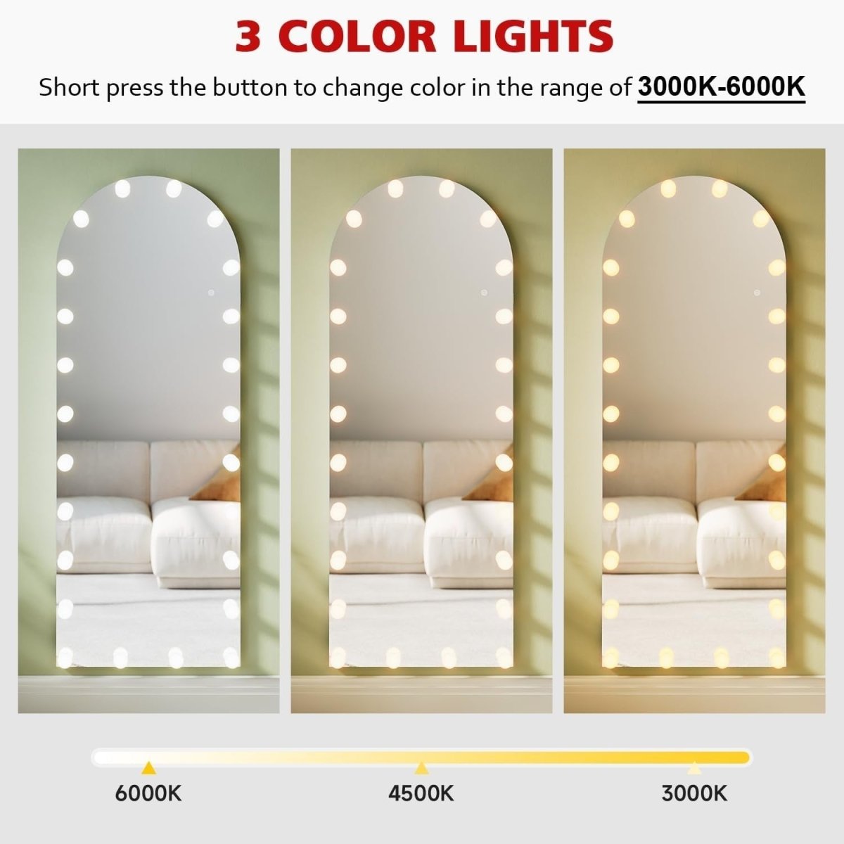 Full Length Standing Mirror with Adjustable Lights, 160x60cm, Dimmable - Kwikley