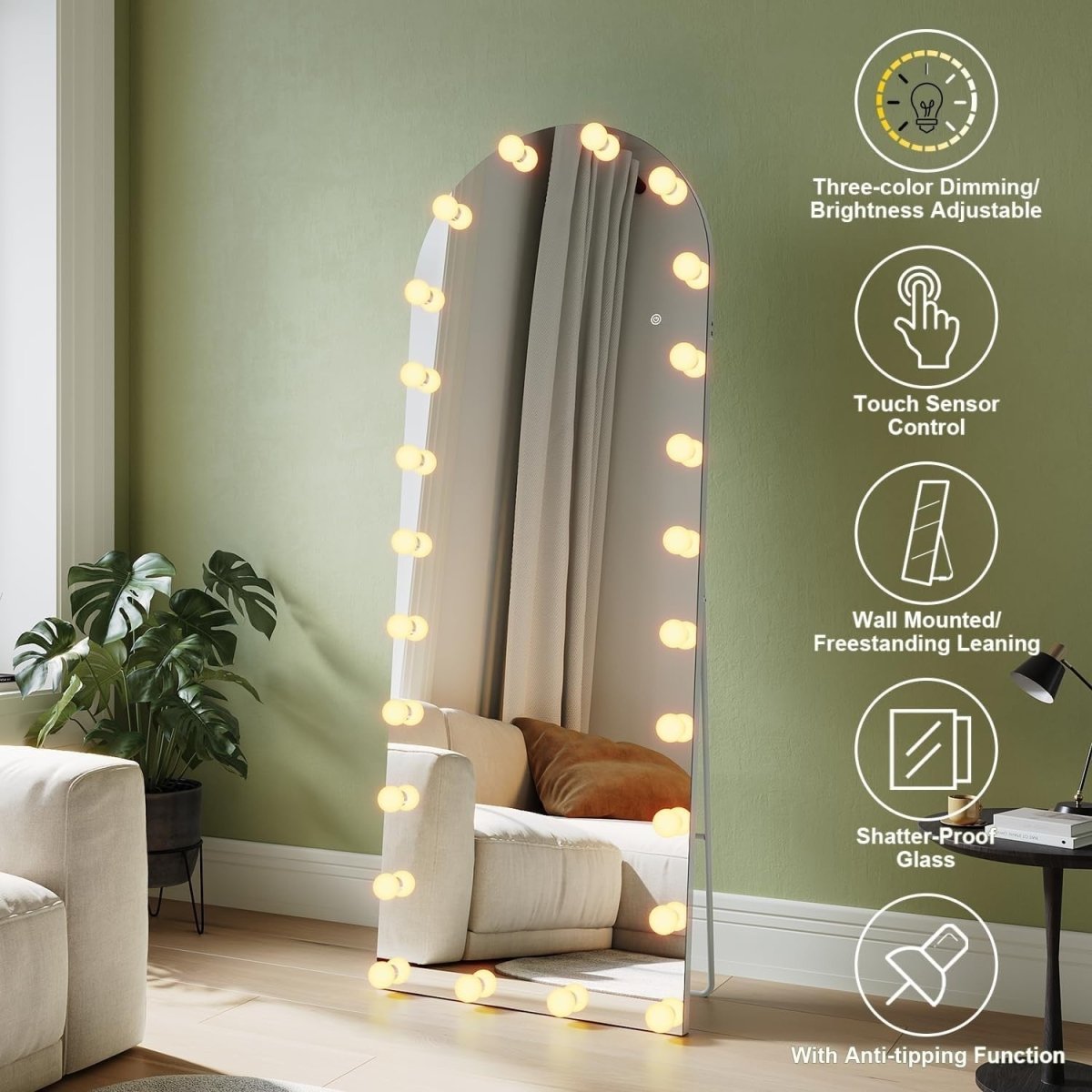 Full Length Standing Mirror with Adjustable Lights, 160x60cm, Dimmable - Kwikley
