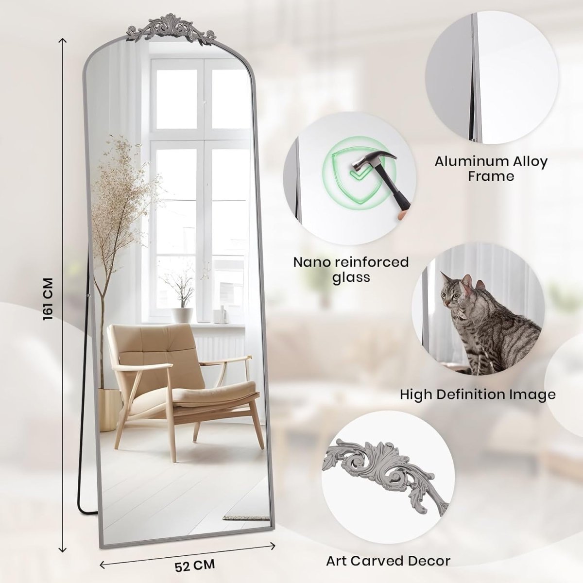 Full Length Vintage Floor Mirror 146x44cm Arch Frame Wall Mount - Kwikley