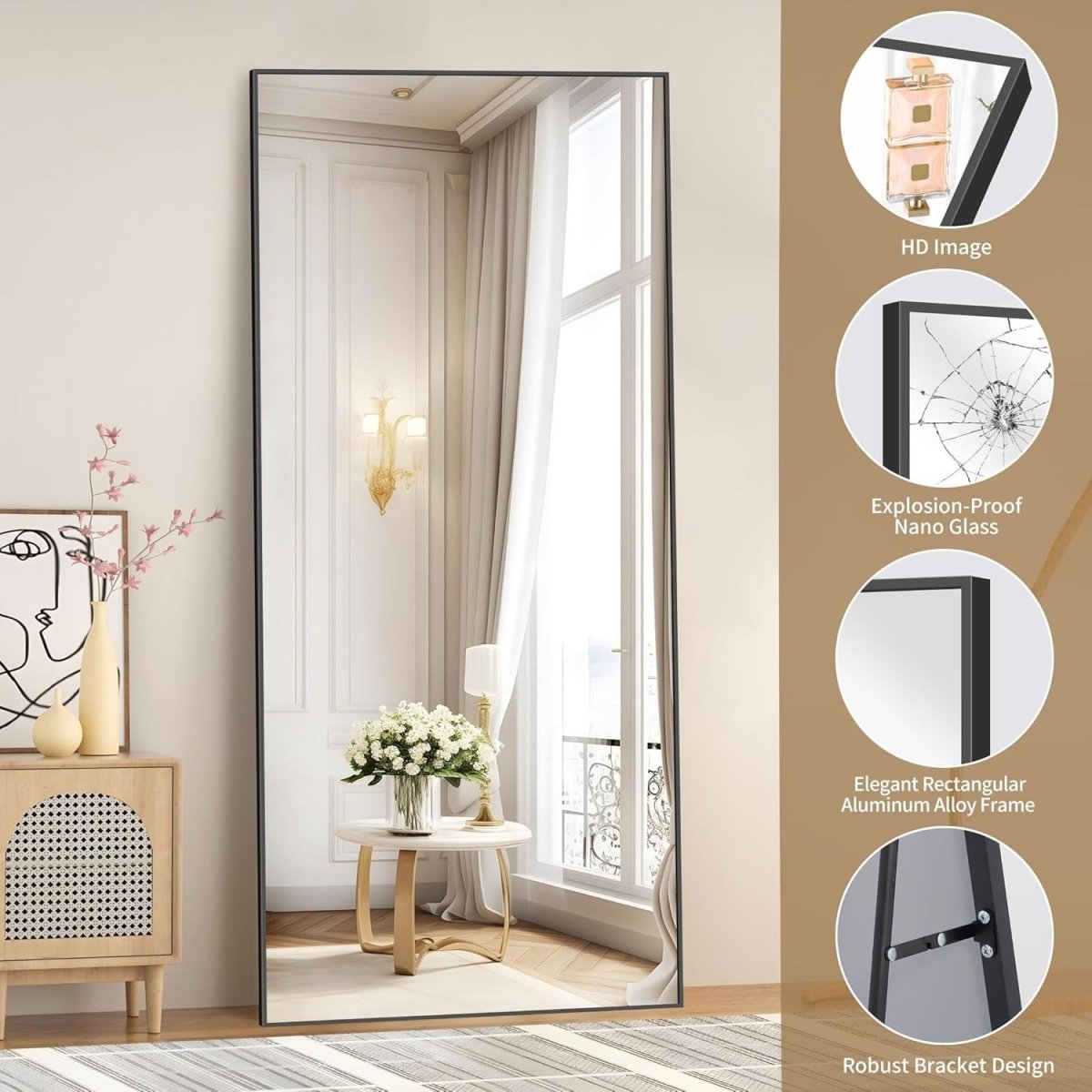 Full Length Wall & Floor Mirror 192x85cm Slim Aluminium Frame Clear View - Kwikley
