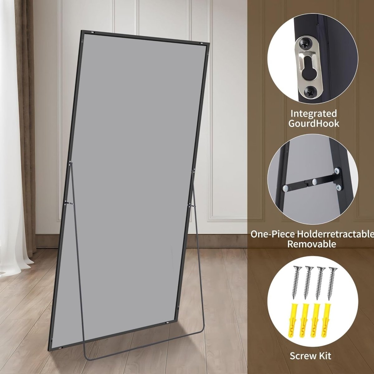 Full Length Wall & Floor Mirror 192x85cm Slim Aluminium Frame Clear View - Kwikley