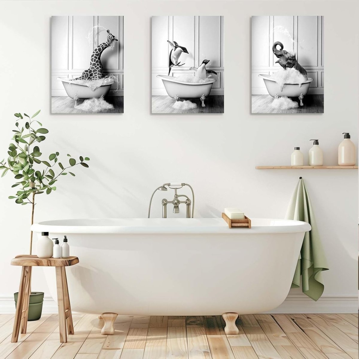 Funny Animal Bathroom Wall Art Set 3 Black White 12x16in - Kwikley