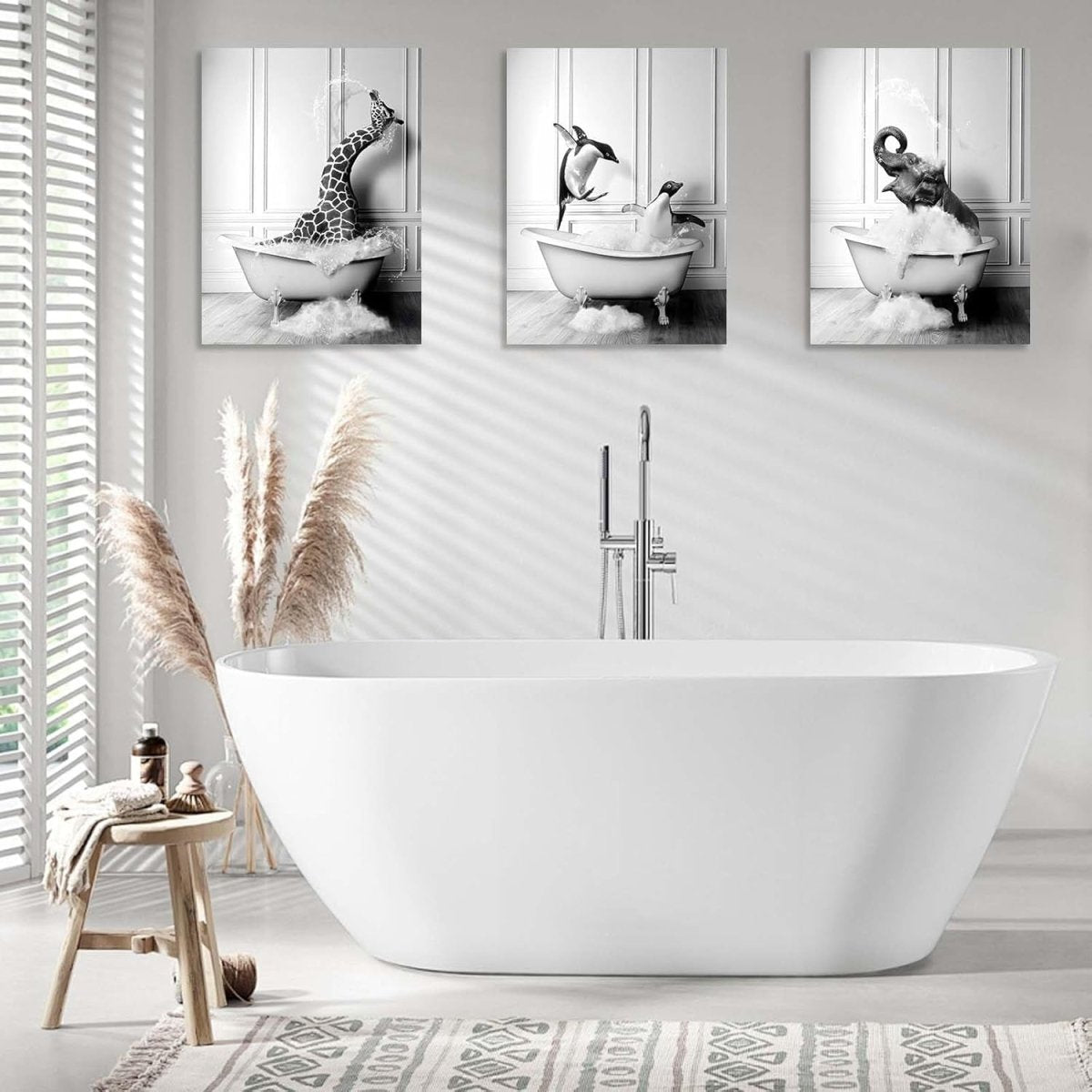Funny Animal Bathroom Wall Art Set 3 Black White 12x16in - Kwikley