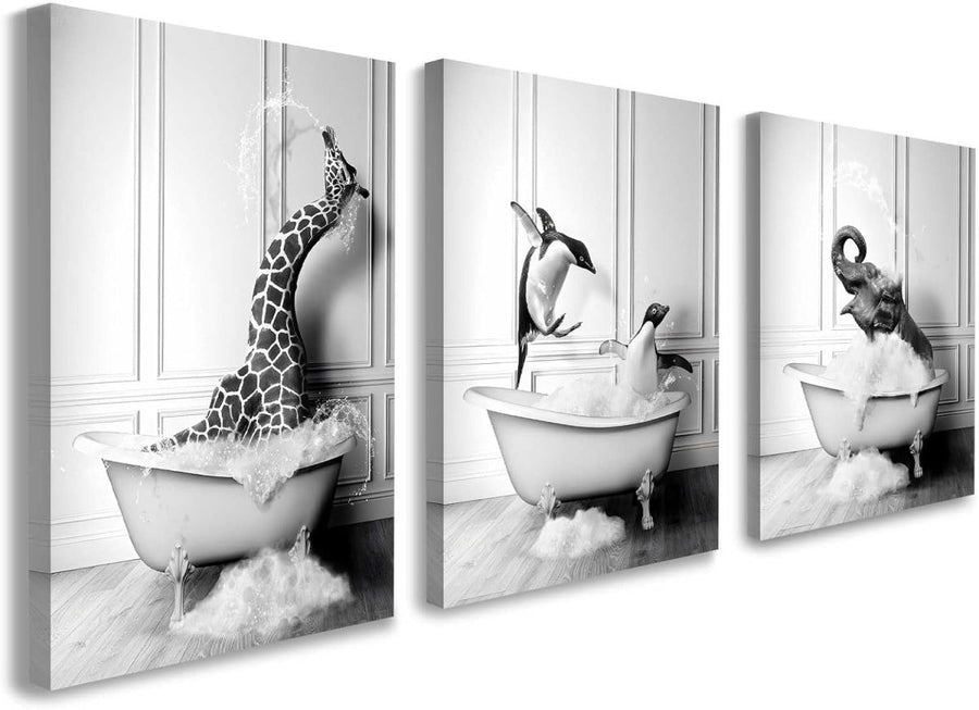 Funny Animal Bathroom Wall Art Set 3 Black White 12x16in - Kwikley