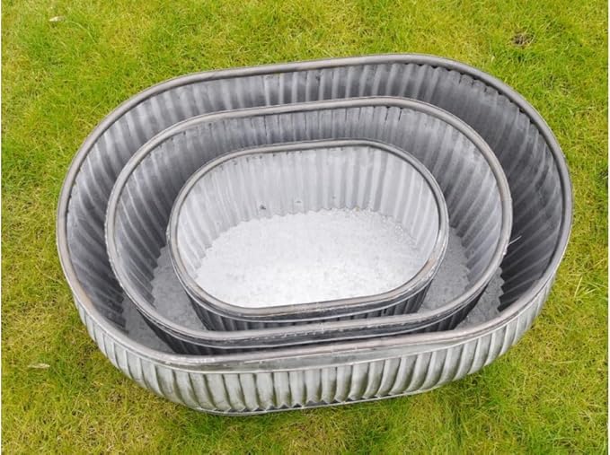 Galvanised Trough Planters Set 3 Metal Garden Dolly Tub Pots - Kwikley