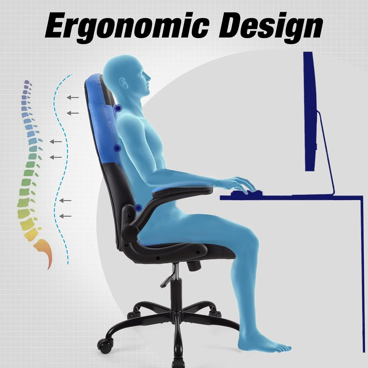 Gaming Chair Office Desk Computer Racing Ergonomic PU Leather Adjustable Blue - Kwikley