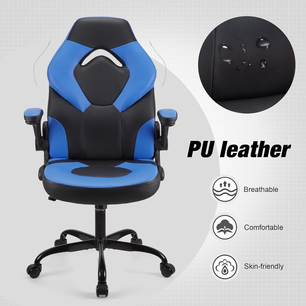Gaming Chair Office Desk Computer Racing Ergonomic PU Leather Adjustable Blue - Kwikley