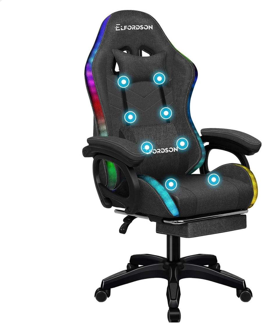 Gaming Chair Office Desk PC LED RGB Massage Recliner Swivel Linen Grey New - Kwikley