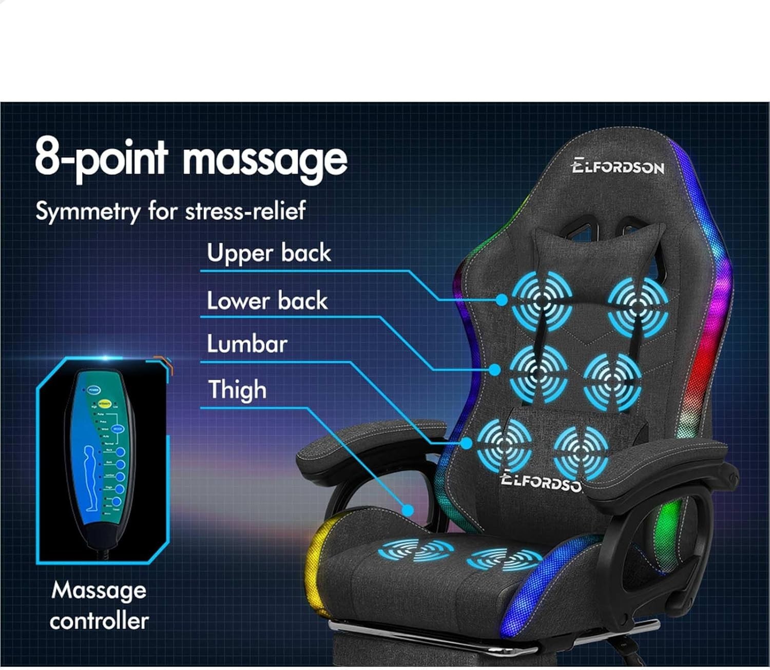 Gaming Chair Office Desk PC LED RGB Massage Recliner Swivel Linen Grey New - Kwikley