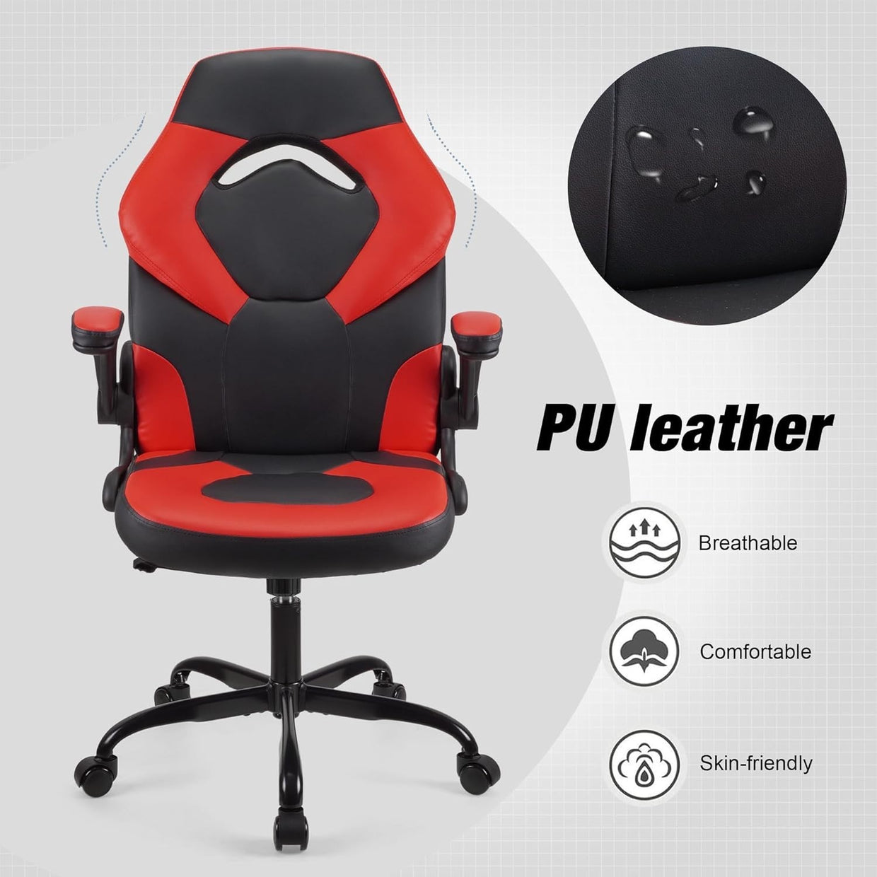Gaming Chair Office Desk Swivel Red Faux Leather Ergonomic Adjustable Height New - Kwikley