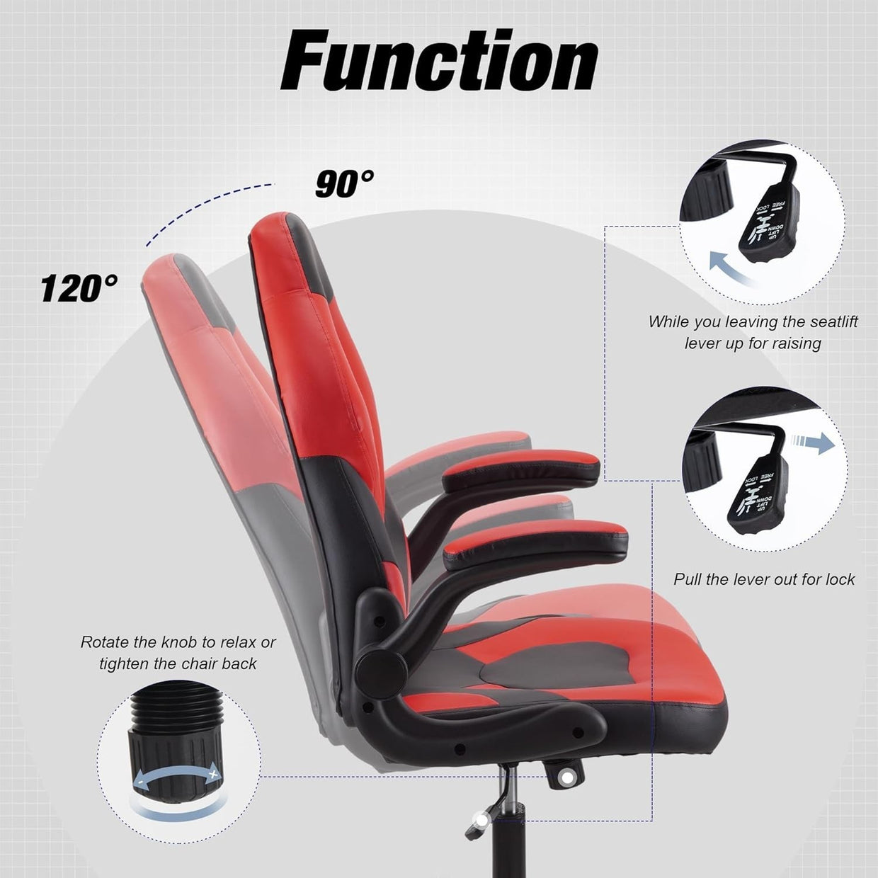 Gaming Chair Office Desk Swivel Red Faux Leather Ergonomic Adjustable Height New - Kwikley