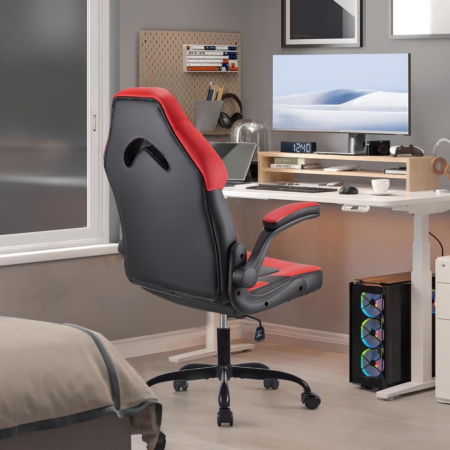 Gaming Chair Office Desk Swivel Red Faux Leather Ergonomic Adjustable Height New - Kwikley