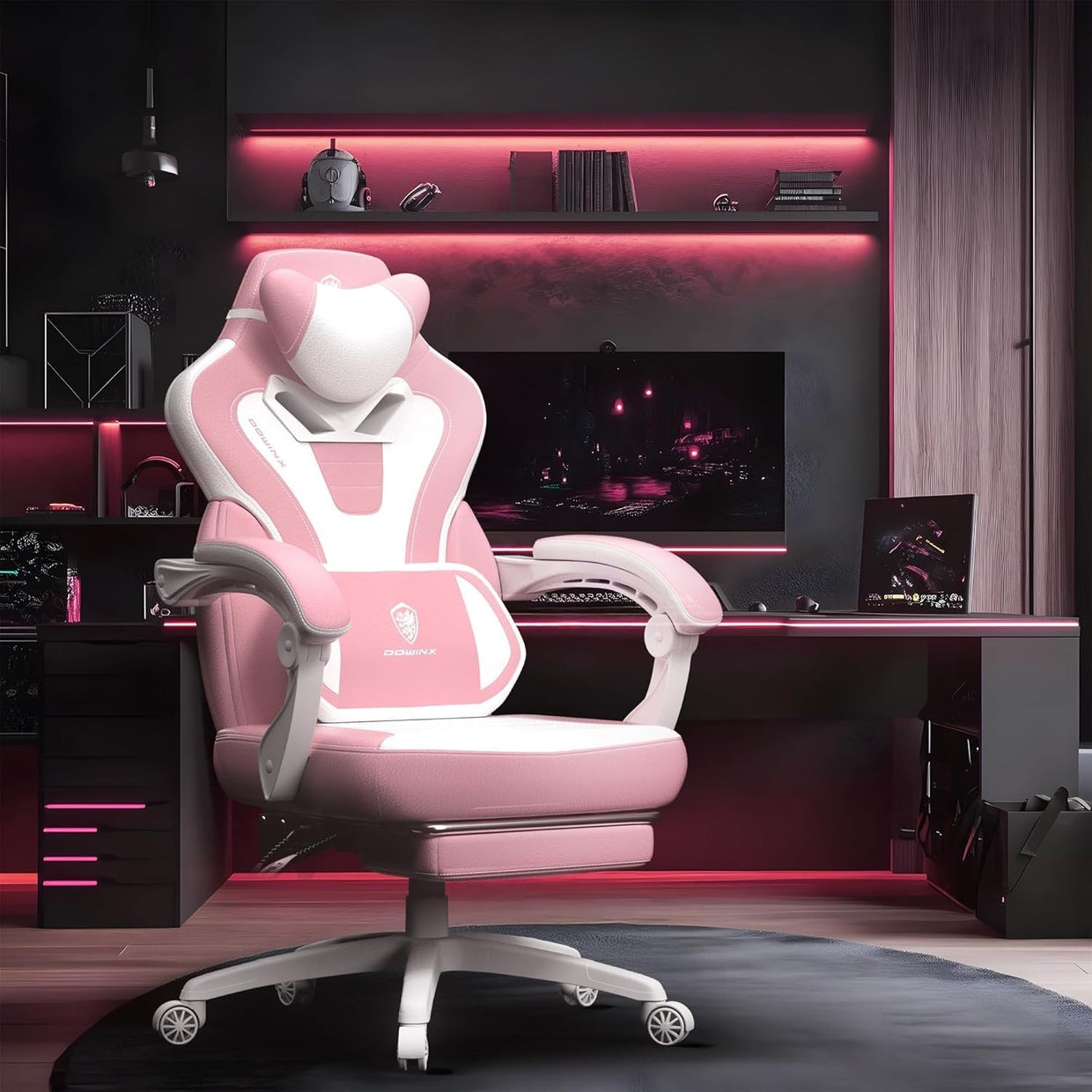 Gaming Chair PU Leather Recliner Massage Headrest Pink White Desk Office - Kwikley
