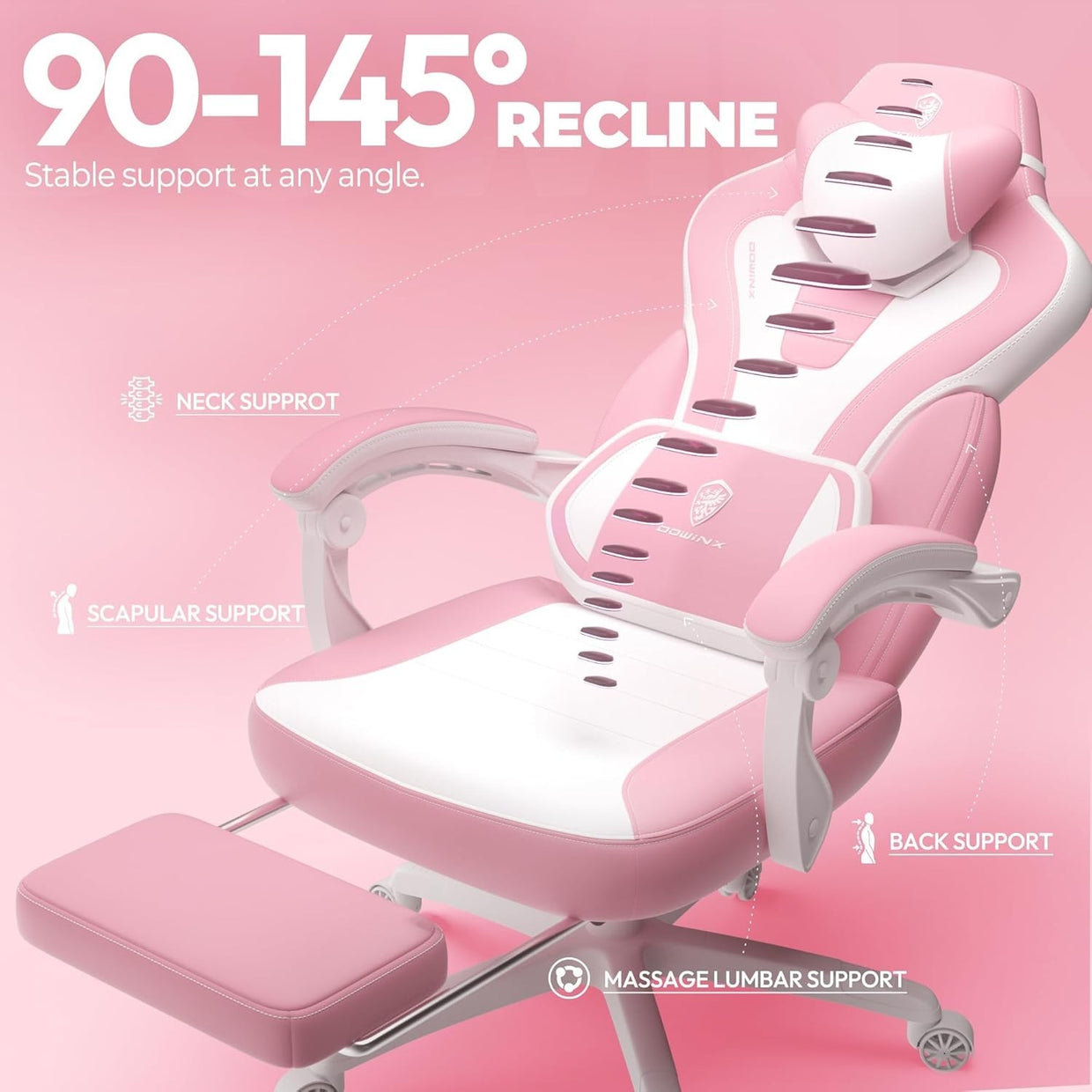 Gaming Chair PU Leather Recliner Massage Headrest Pink White Desk Office - Kwikley