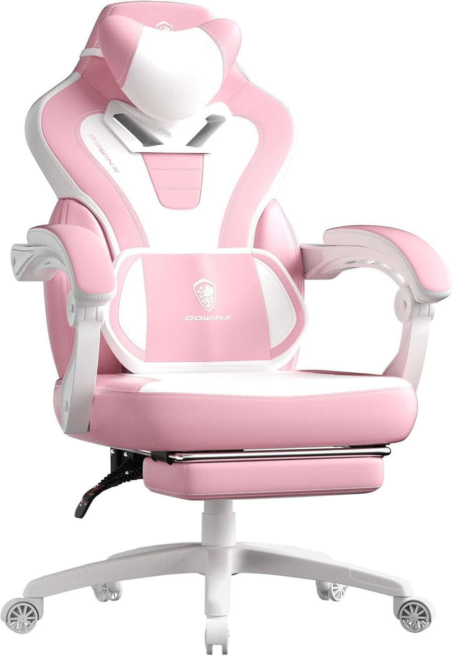 Gaming Chair PU Leather Recliner Massage Headrest Pink White Desk Office - Kwikley