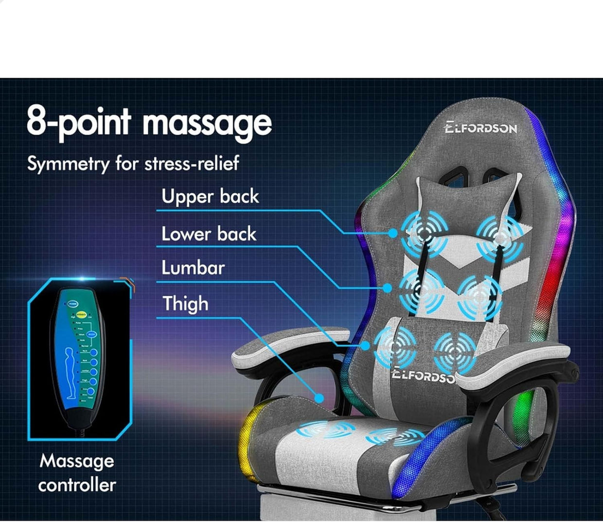 Gaming Chair RGB LED Light Massage Recliner PC Office Desk Swivel Grey - Kwikley