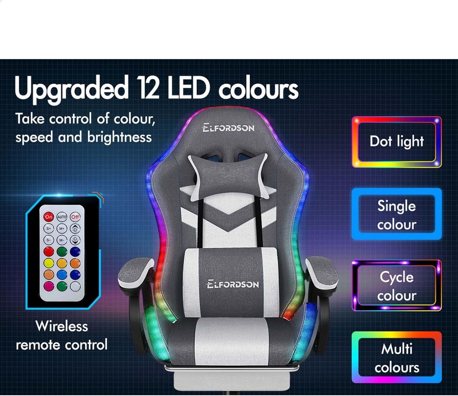 Gaming Chair RGB LED Light Massage Recliner PC Office Desk Swivel Grey - Kwikley